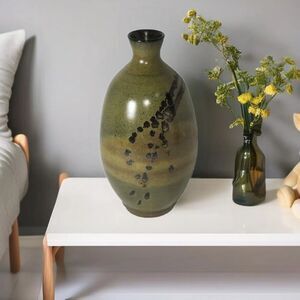 Contemp Art Pottery Vase Green MCM Tall Bulbous Earthenware Signed Spozz Potry